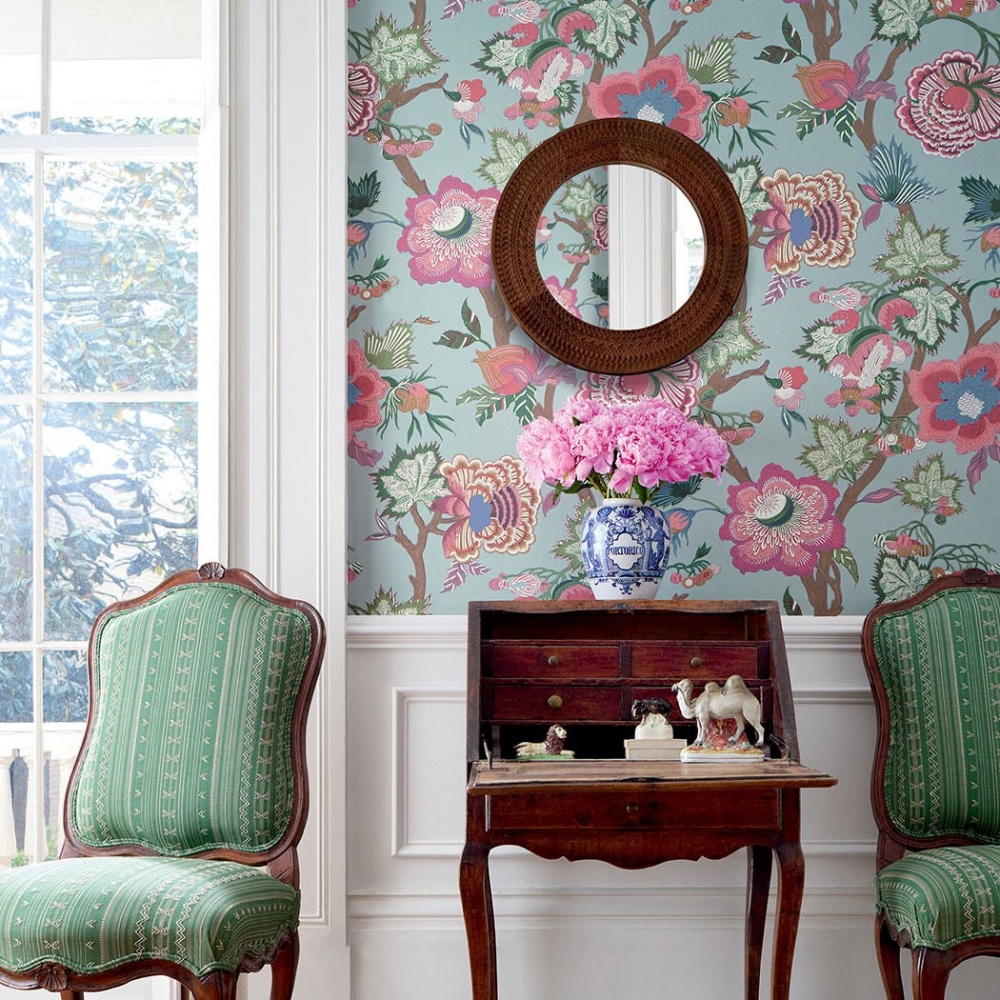 Thibaut Indienne Jacobean Wallpaper in Raspberry & Blue on Natural